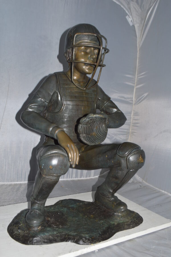 Baseball Catcher Bronze Statue -  Size: 24"L x 16"W x 36"H. - Image 12