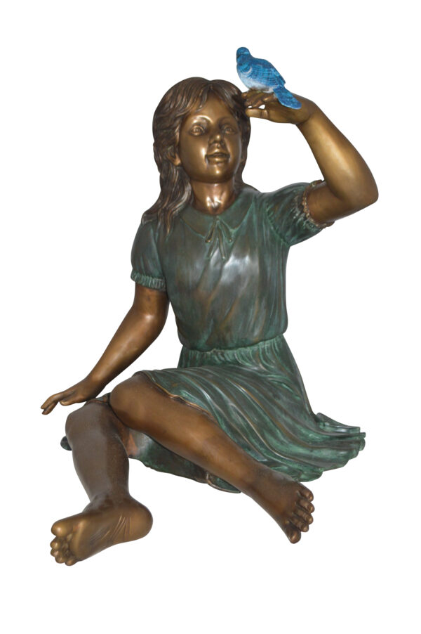 Girl with a Blue Sparrow Bronze Statue -  Size: 26"L x 31"W x 25"H.