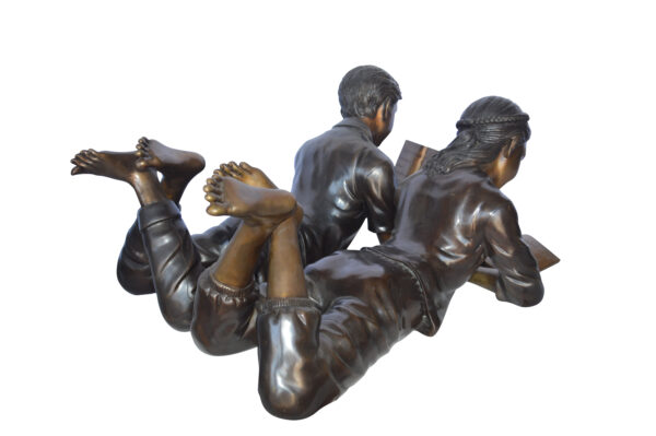 A Set of Boy and Girl Reading Books Bronze Statue -  Size: 31"L x 10"W x 14"H. - Image 3