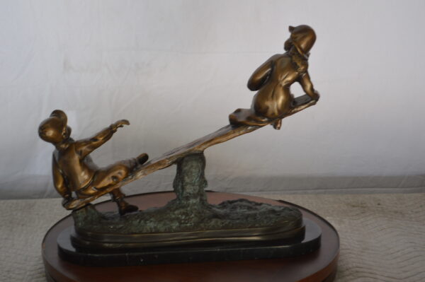 Boys Playing Seesaw on a Marble Base Bronze Statue -  Size: 22"L x 8"W x 17"H. - Image 6