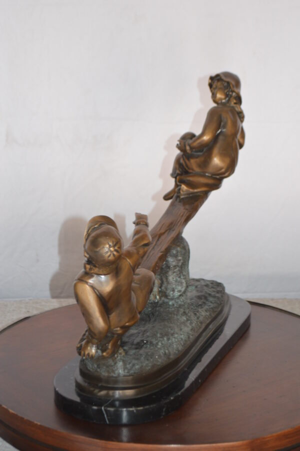Boys Playing Seesaw on a Marble Base Bronze Statue -  Size: 22"L x 8"W x 17"H. - Image 7