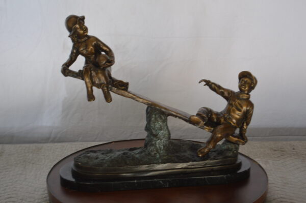 Boys Playing Seesaw on a Marble Base Bronze Statue -  Size: 22"L x 8"W x 17"H. - Image 12