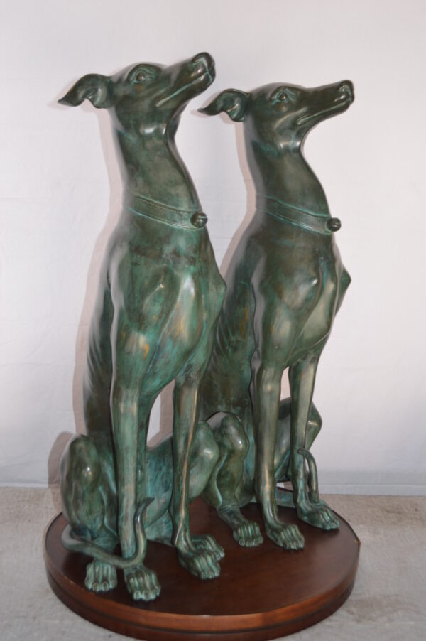 Pair of Greyhound dogs sitting Bronze Statue -  Size: 12"L x 12"W x 35"H. - Image 5