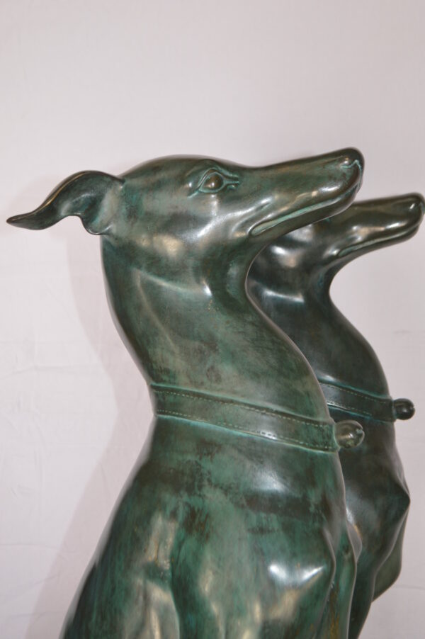 Pair of Greyhound dogs sitting Bronze Statue -  Size: 12"L x 12"W x 35"H. - Image 6
