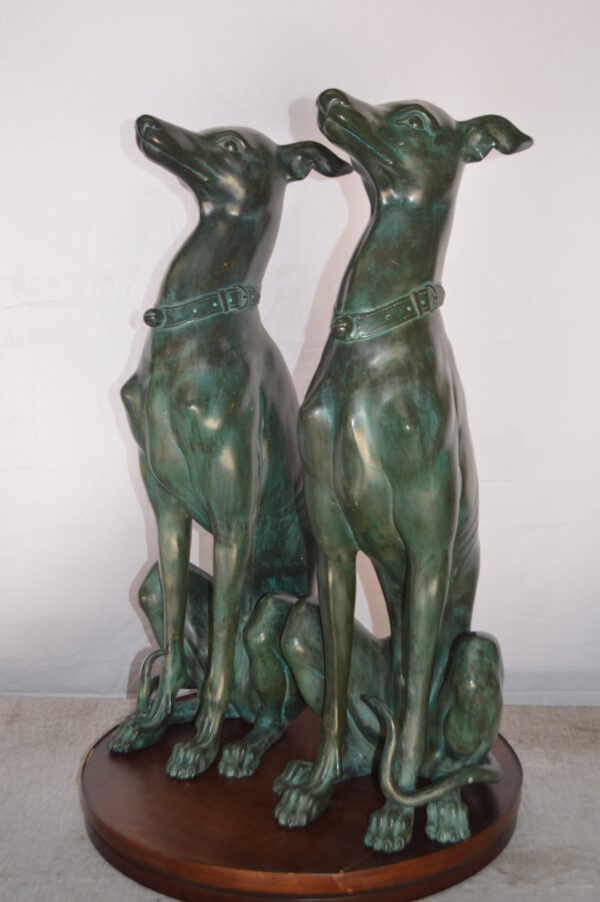 Pair of Greyhound dogs sitting Bronze Statue -  Size: 12"L x 12"W x 35"H. - Image 12