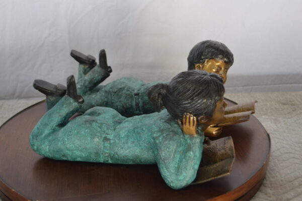 Set of a Boy and a Girl Reading a Book Bronze Statue -  Size: 16"L x 7"W x 8"H. - Image 4