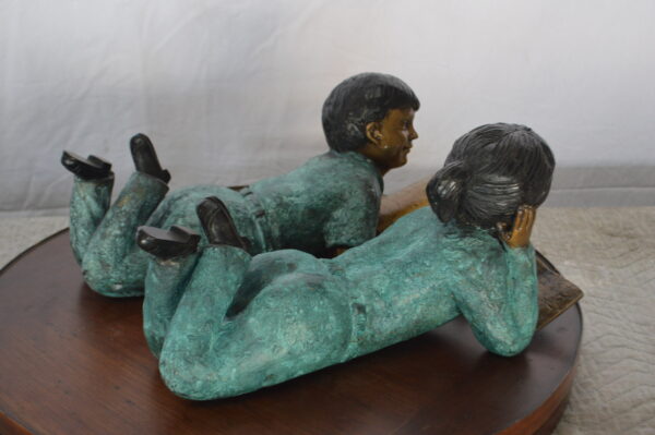 Set of a Boy and a Girl Reading a Book Bronze Statue -  Size: 16"L x 7"W x 8"H. - Image 5