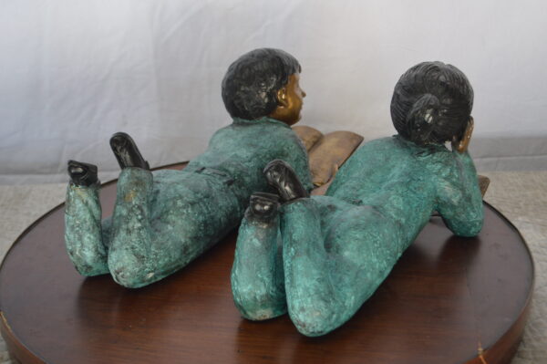 Set of a Boy and a Girl Reading a Book Bronze Statue -  Size: 16"L x 7"W x 8"H. - Image 6