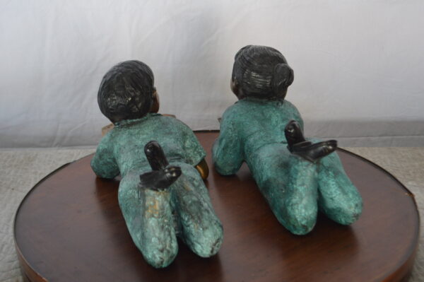 Set of a Boy and a Girl Reading a Book Bronze Statue -  Size: 16"L x 7"W x 8"H. - Image 7
