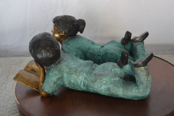 Set of a Boy and a Girl Reading a Book Bronze Statue -  Size: 16"L x 7"W x 8"H. - Image 8
