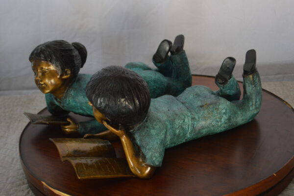 Set of a Boy and a Girl Reading a Book Bronze Statue -  Size: 16"L x 7"W x 8"H. - Image 9