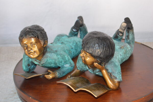 Set of a Boy and a Girl Reading a Book Bronze Statue -  Size: 16"L x 7"W x 8"H. - Image 10