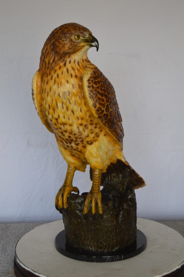 Hawk Bronze Statue standing on Stump on Marble -  Size: 12"L x 15"W x 29"H. - Image 2