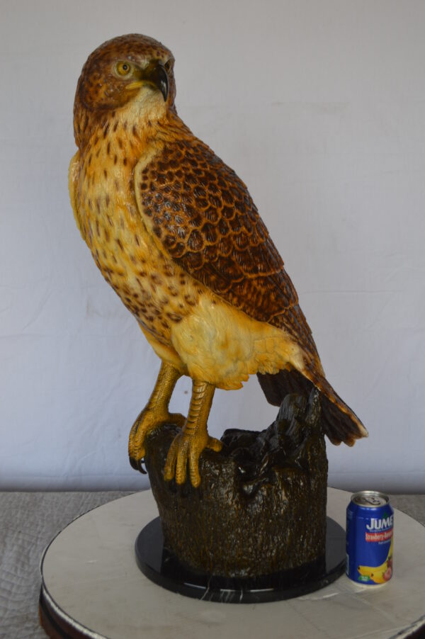 Hawk Bronze Statue standing on Stump on Marble -  Size: 12"L x 15"W x 29"H. - Image 3