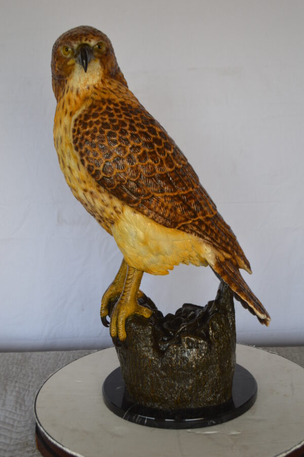 Hawk Bronze Statue standing on Stump on Marble -  Size: 12"L x 15"W x 29"H. - Image 4