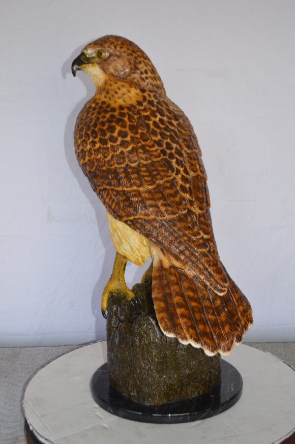 Hawk Bronze Statue standing on Stump on Marble -  Size: 12"L x 15"W x 29"H. - Image 5