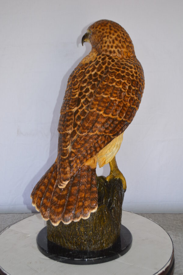 Hawk Bronze Statue standing on Stump on Marble -  Size: 12"L x 15"W x 29"H. - Image 6