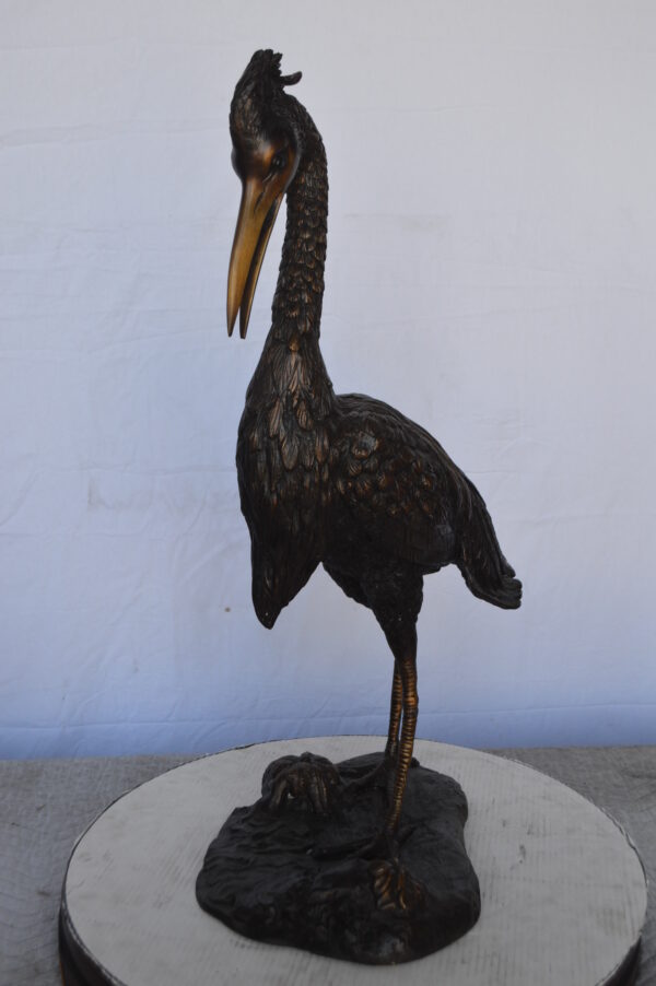 Crane Looking Down Bronze Statue -  Size: 17"L x 12"W x 31"H. - Image 8
