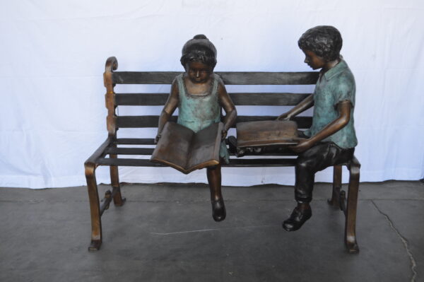 Boy And Girl Reading Books on Bench Bronze Statue -  Size: 48"L x 29"W x 39"H. - Image 3