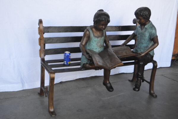 Boy And Girl Reading Books on Bench Bronze Statue -  Size: 48"L x 29"W x 39"H. - Image 4