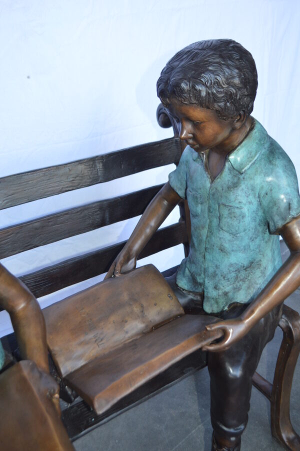 Boy And Girl Reading Books on Bench Bronze Statue -  Size: 48"L x 29"W x 39"H. - Image 6