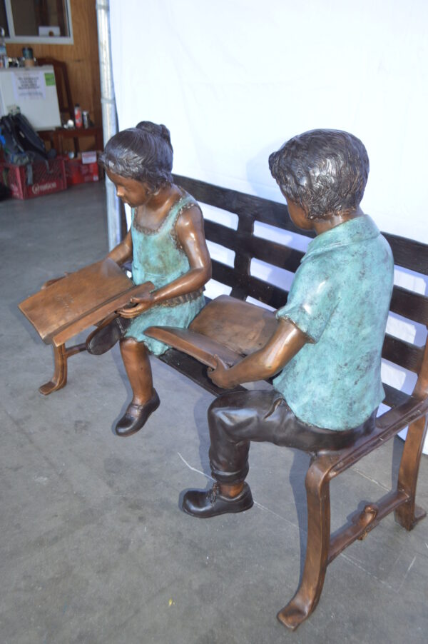 Boy And Girl Reading Books on Bench Bronze Statue -  Size: 48"L x 29"W x 39"H. - Image 7