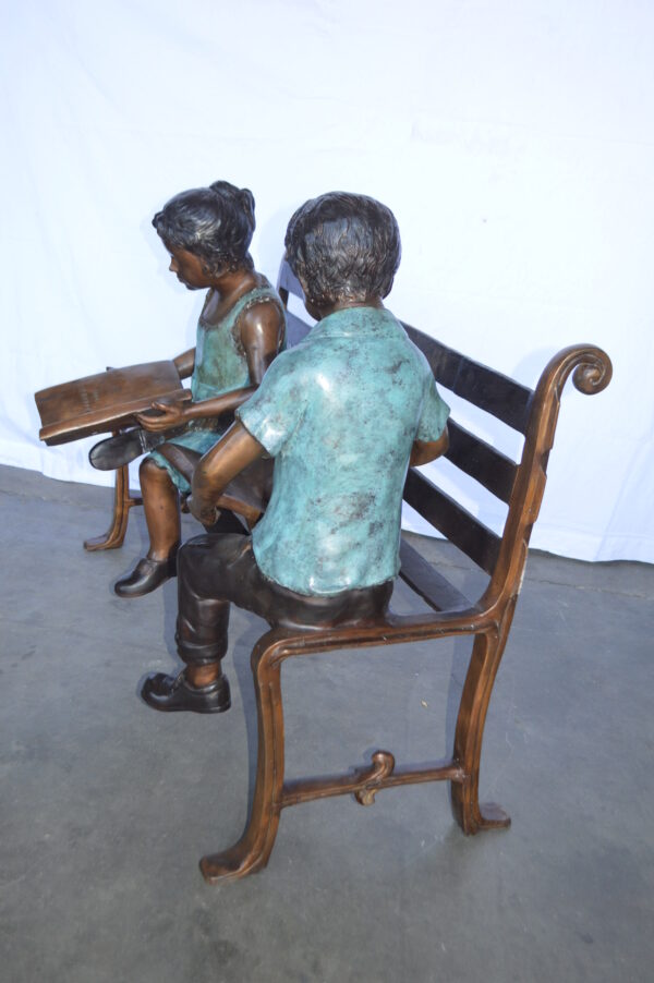 Boy And Girl Reading Books on Bench Bronze Statue -  Size: 48"L x 29"W x 39"H. - Image 8