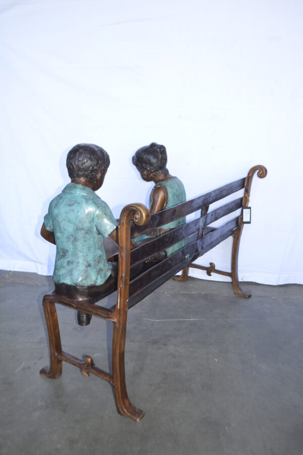 Boy And Girl Reading Books on Bench Bronze Statue -  Size: 48"L x 29"W x 39"H. - Image 9