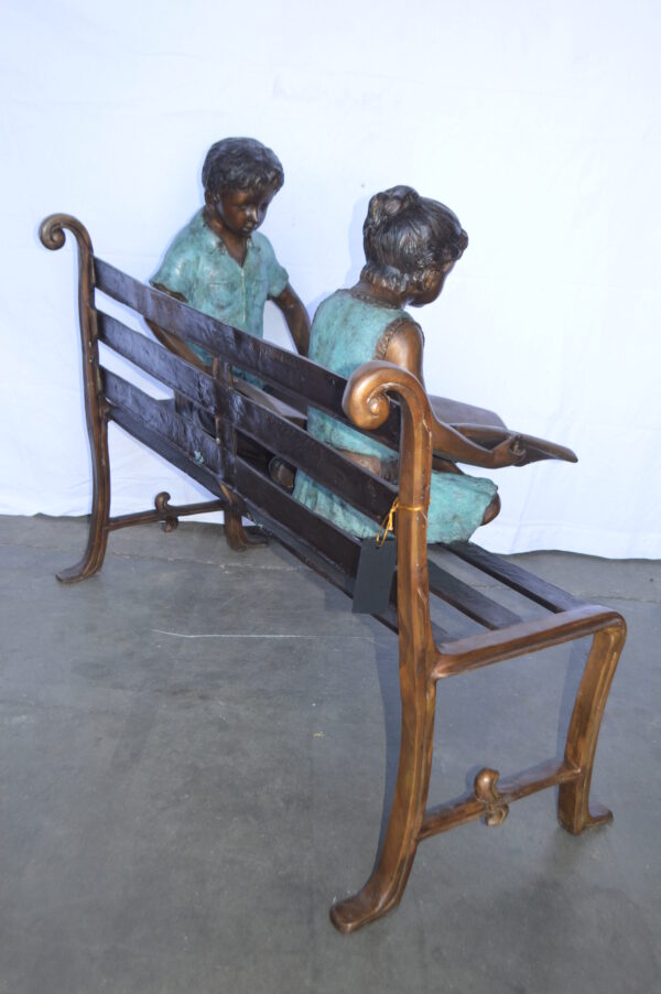 Boy And Girl Reading Books on Bench Bronze Statue -  Size: 48"L x 29"W x 39"H. - Image 11