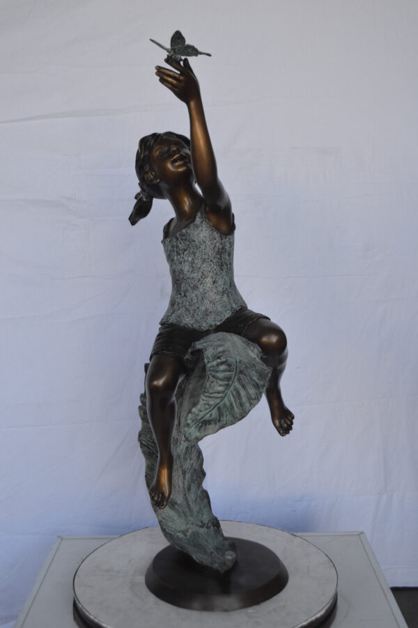 Girl on A Leaf Playing with Butterfly Bronze State -  Size: 27"L x 15"W x 45"H. - Image 2