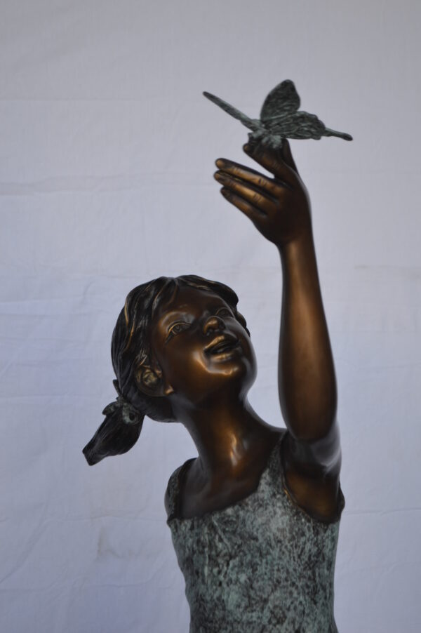 Girl on A Leaf Playing with Butterfly Bronze State -  Size: 27"L x 15"W x 45"H. - Image 3