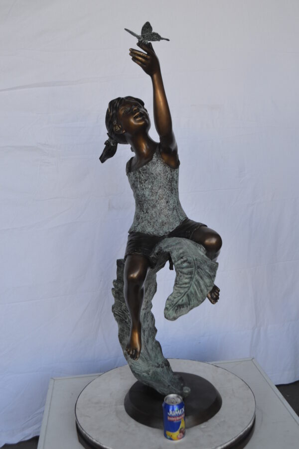Girl on A Leaf Playing with Butterfly Bronze State -  Size: 27"L x 15"W x 45"H. - Image 4