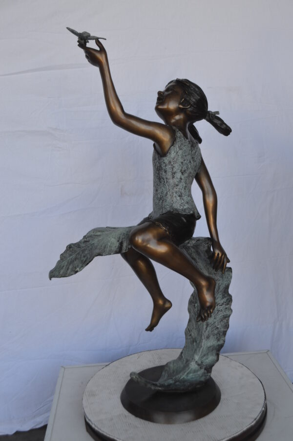 Girl on A Leaf Playing with Butterfly Bronze State -  Size: 27"L x 15"W x 45"H. - Image 5