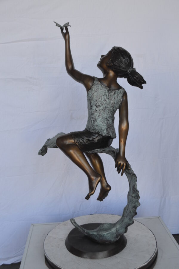 Girl on A Leaf Playing with Butterfly Bronze State -  Size: 27"L x 15"W x 45"H. - Image 6