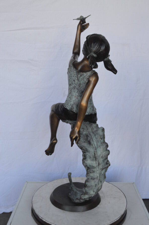 Girl on A Leaf Playing with Butterfly Bronze State -  Size: 27"L x 15"W x 45"H. - Image 7
