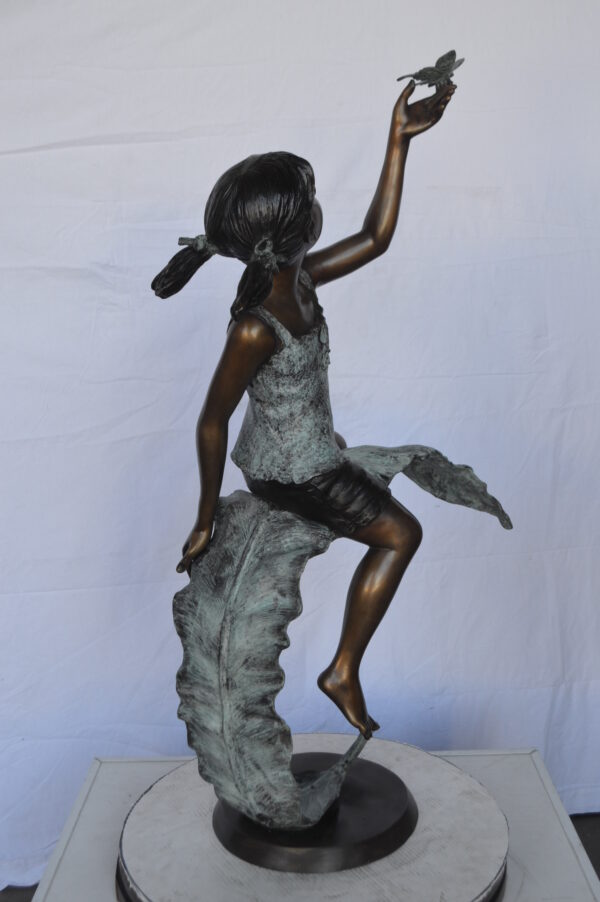Girl on A Leaf Playing with Butterfly Bronze State -  Size: 27"L x 15"W x 45"H. - Image 8