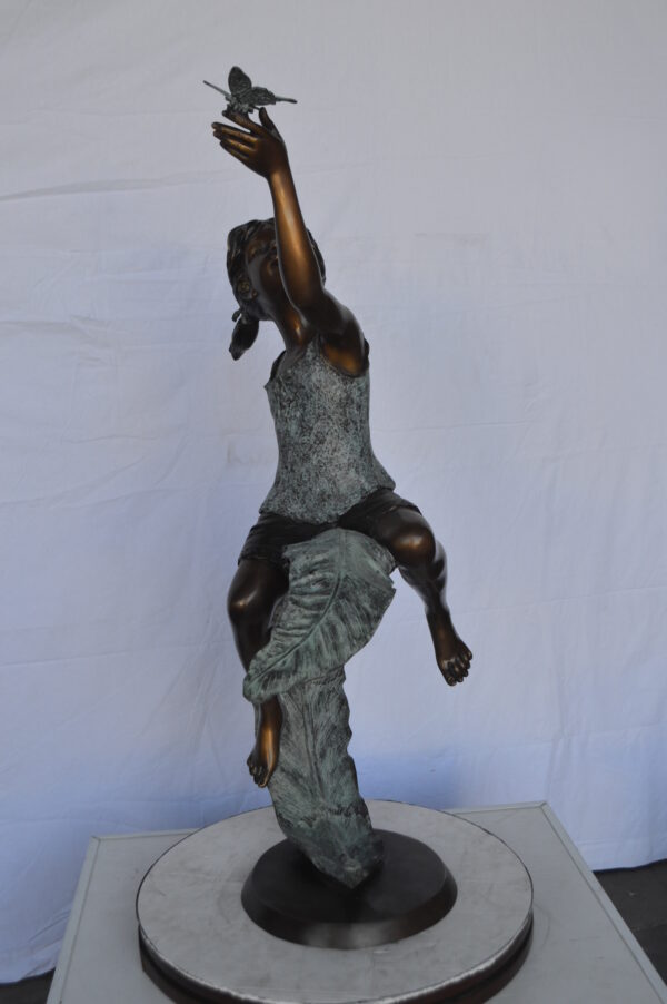 Girl on A Leaf Playing with Butterfly Bronze State -  Size: 27"L x 15"W x 45"H. - Image 10