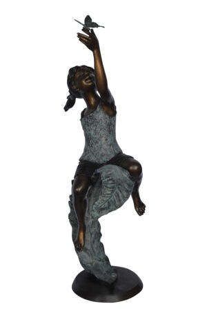 Girl on A Leaf Playing with Butterfly Bronze State -  Size: 27"L x 15"W x 45"H.