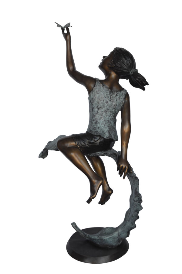 Girl on A Leaf Playing with Butterfly Bronze State -  Size: 27"L x 15"W x 45"H. - Image 12