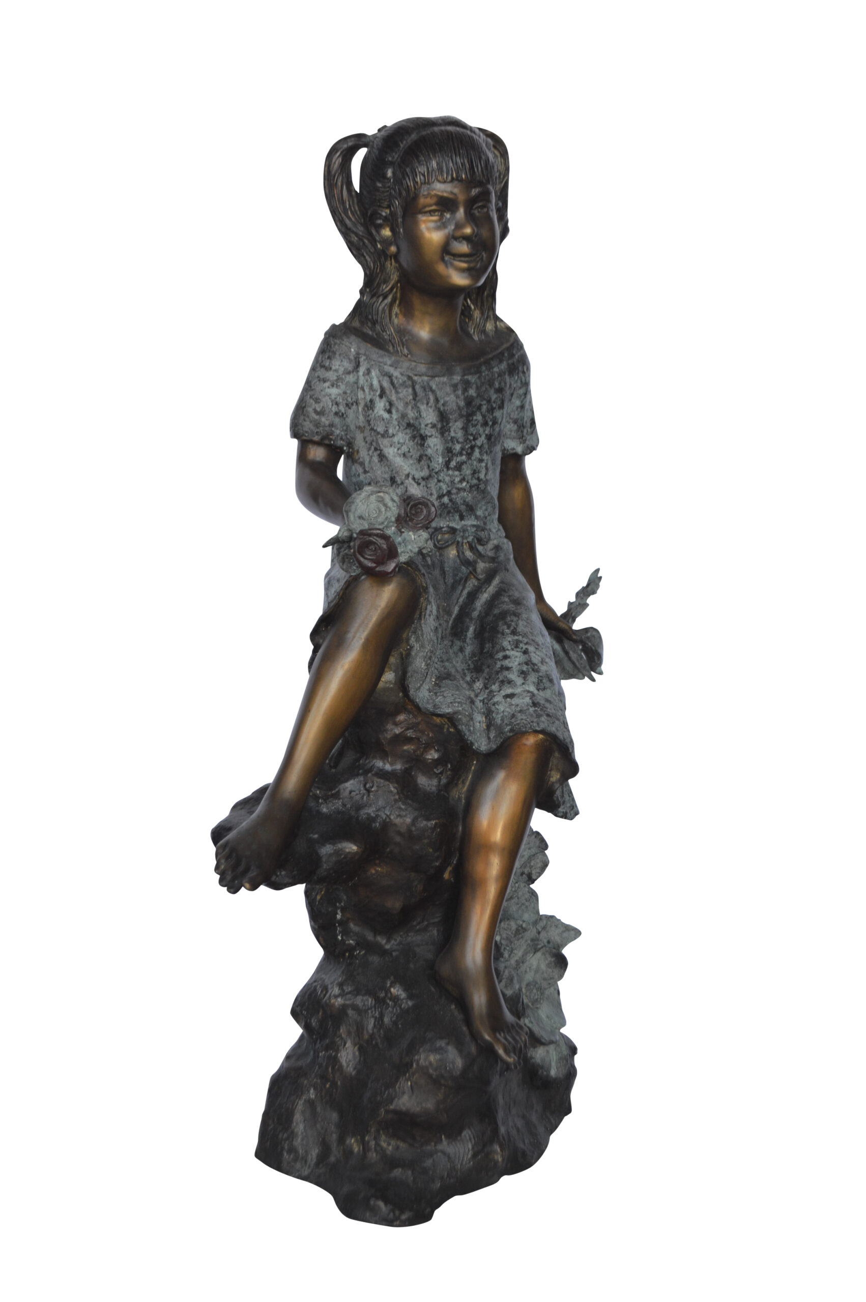 Girl on Tree Trunk Holding Flowers Bronze Statue - Size: 26L x 11