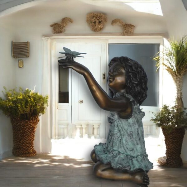 Girl Playing With Butterfly Bronze Statue -  Size: 21"L x 15"W x 19"H. - Image 3