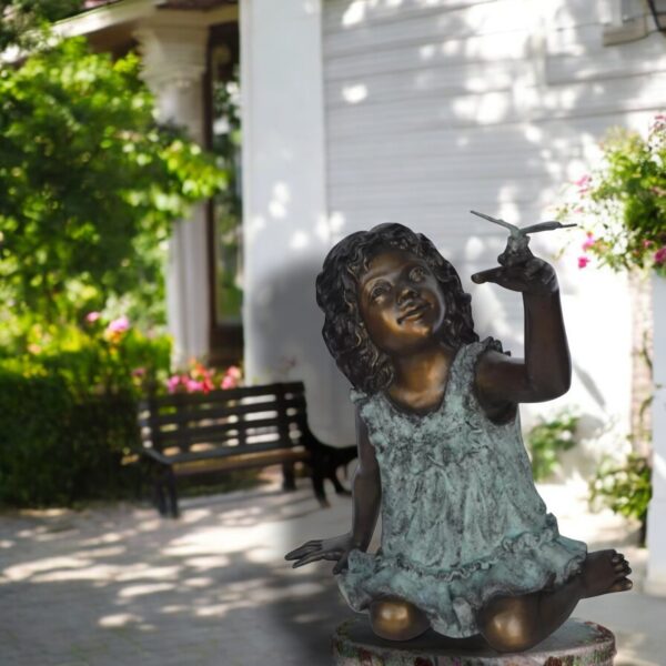 Girl Playing With Butterfly Bronze Statue -  Size: 21"L x 15"W x 19"H. - Image 2
