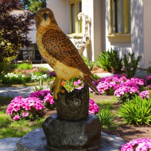 Hawk Bronze Statue standing on Stump on Marble -  Size: 12"L x 15"W x 29"H. - Image 2