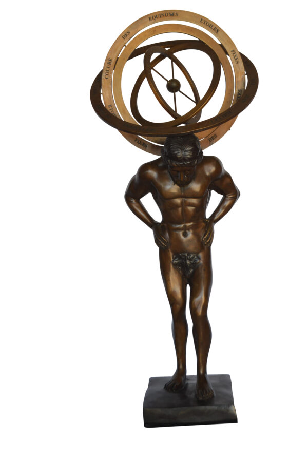 Man with Sundial on his Back Bronze Statue -  Size: 14"L x 12"W x 35"H.