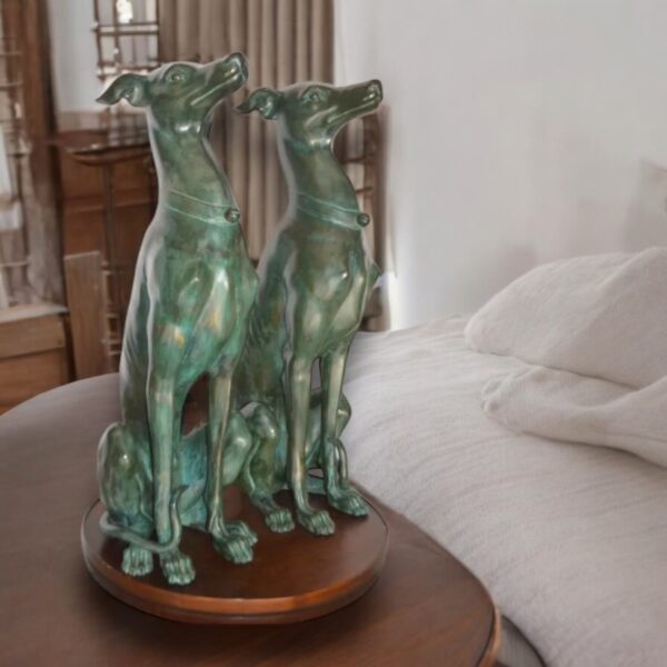 Pair of Greyhound dogs sitting Bronze Statue -  Size: 12"L x 12"W x 35"H. - Image 2