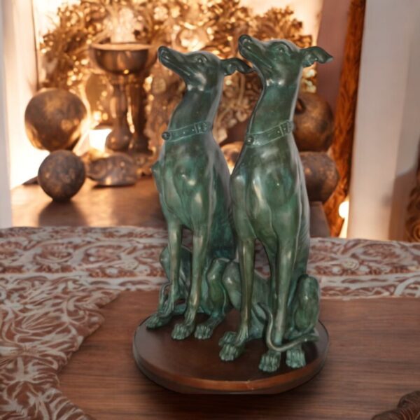 Pair of Greyhound dogs sitting Bronze Statue -  Size: 12"L x 12"W x 35"H. - Image 3