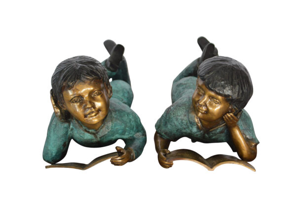 Set of a Boy and a Girl Reading a Book Bronze Statue -  Size: 16"L x 7"W x 8"H. - Image 11