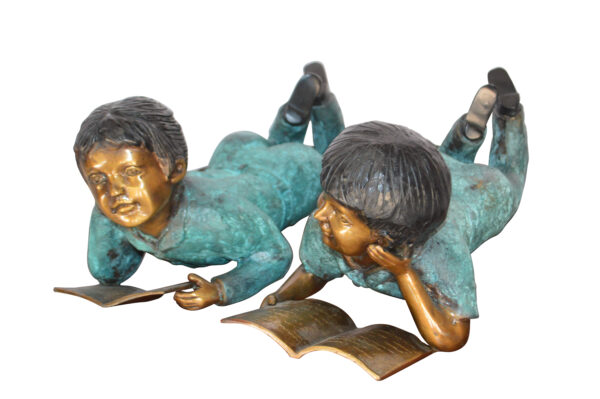 Set of a Boy and a Girl Reading a Book Bronze Statue -  Size: 16"L x 7"W x 8"H.