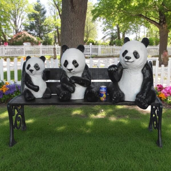 Three Panda Bears Sitting on Bench Bronze Statue -  Size: 53"L x 28"W x 36"H. - Image 3