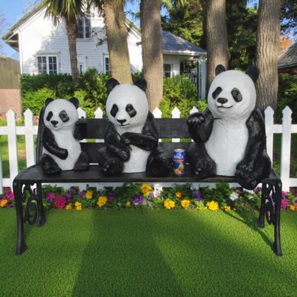 Three Panda Bears Sitting on Bench Bronze Statue -  Size: 53"L x 28"W x 36"H. - Image 2